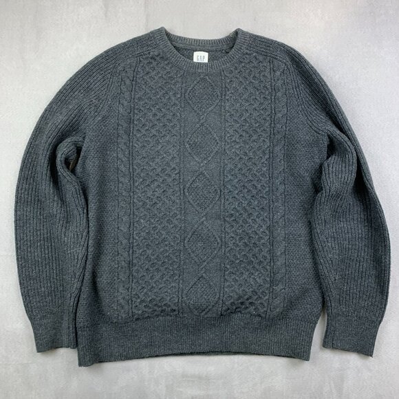 Gap Men Sweater Large Gray Crewneck Long Sleeve Fisherman Cable Knit Wool Nordic - Picture 1 of 6